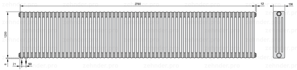 Схема (чертеж) Радиатор Zehnder Charleston 4120/60 №3370 Белый глянцевый RAL 9016